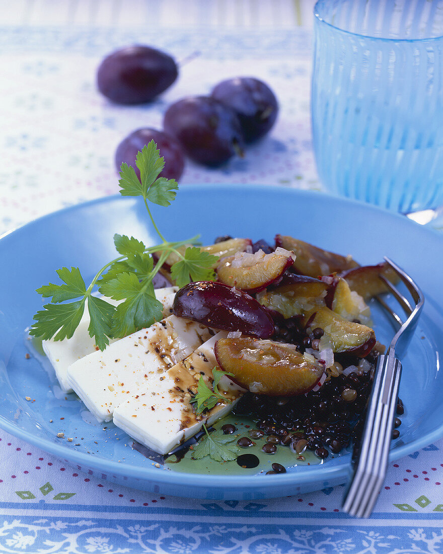 Lentil and damson salad with feta cheese