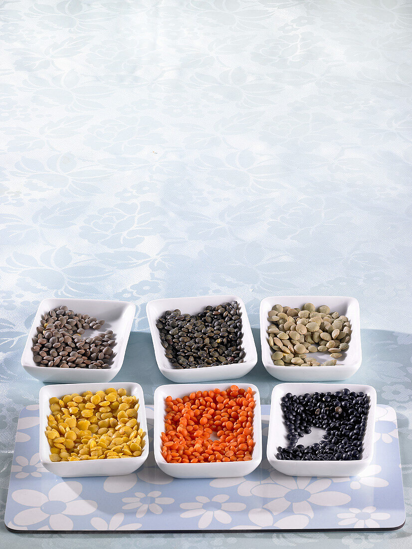 Various types of lentils in small dishes