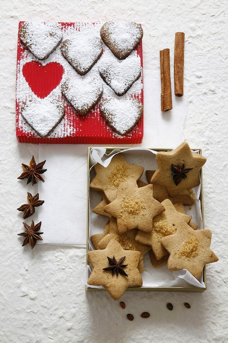 Heart-shaped and star-shaped Christmas biscuits