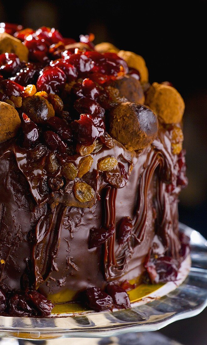Cake with chocolate icing and raisins