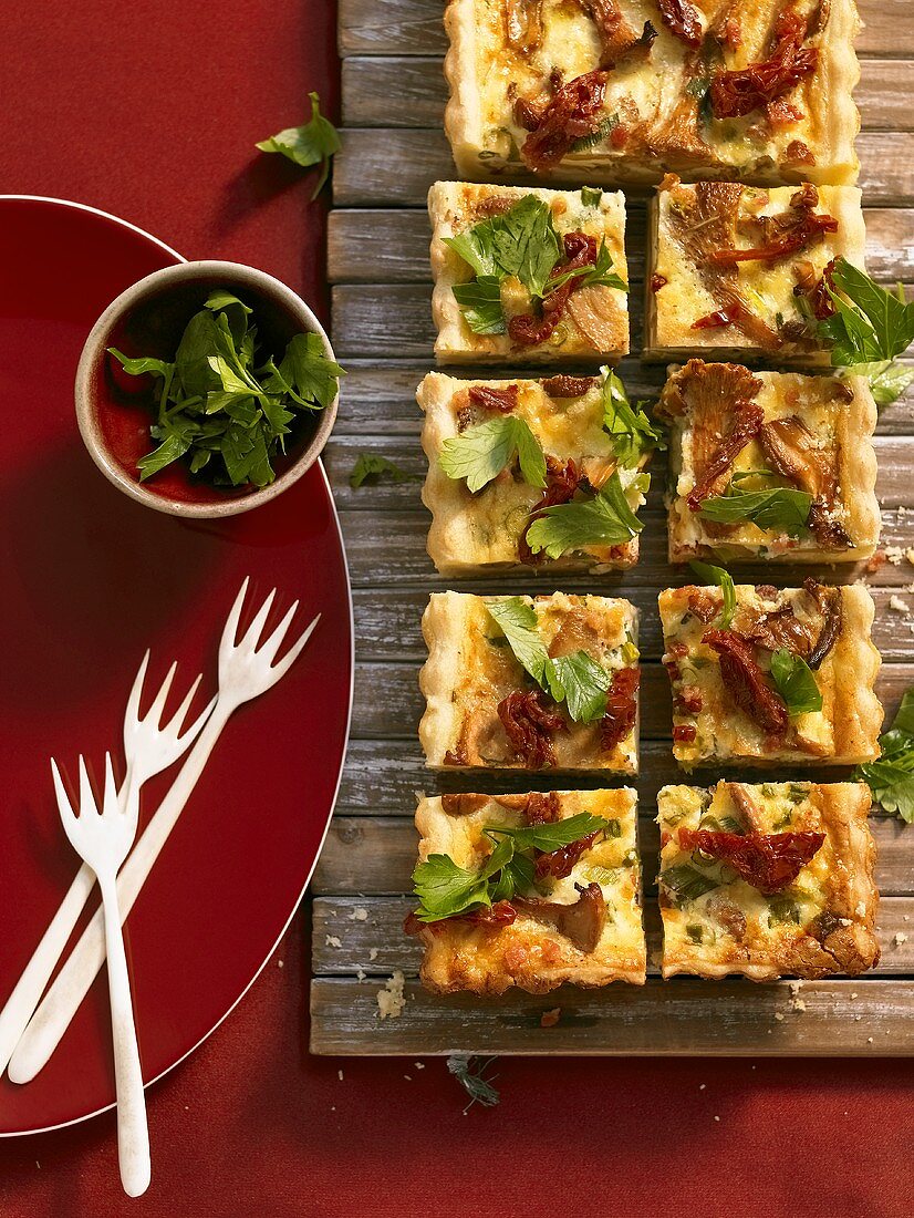 Chanterelle tart cut into squares