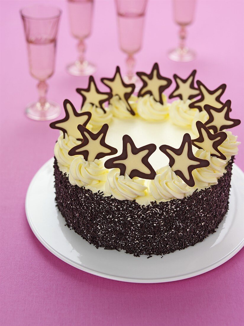 Cream cake with chocolate sprinkles and stars