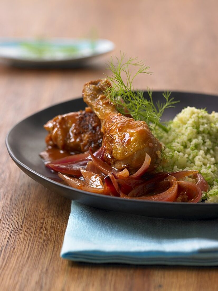 Chicken legs with shallot sauce and fennel couscous
