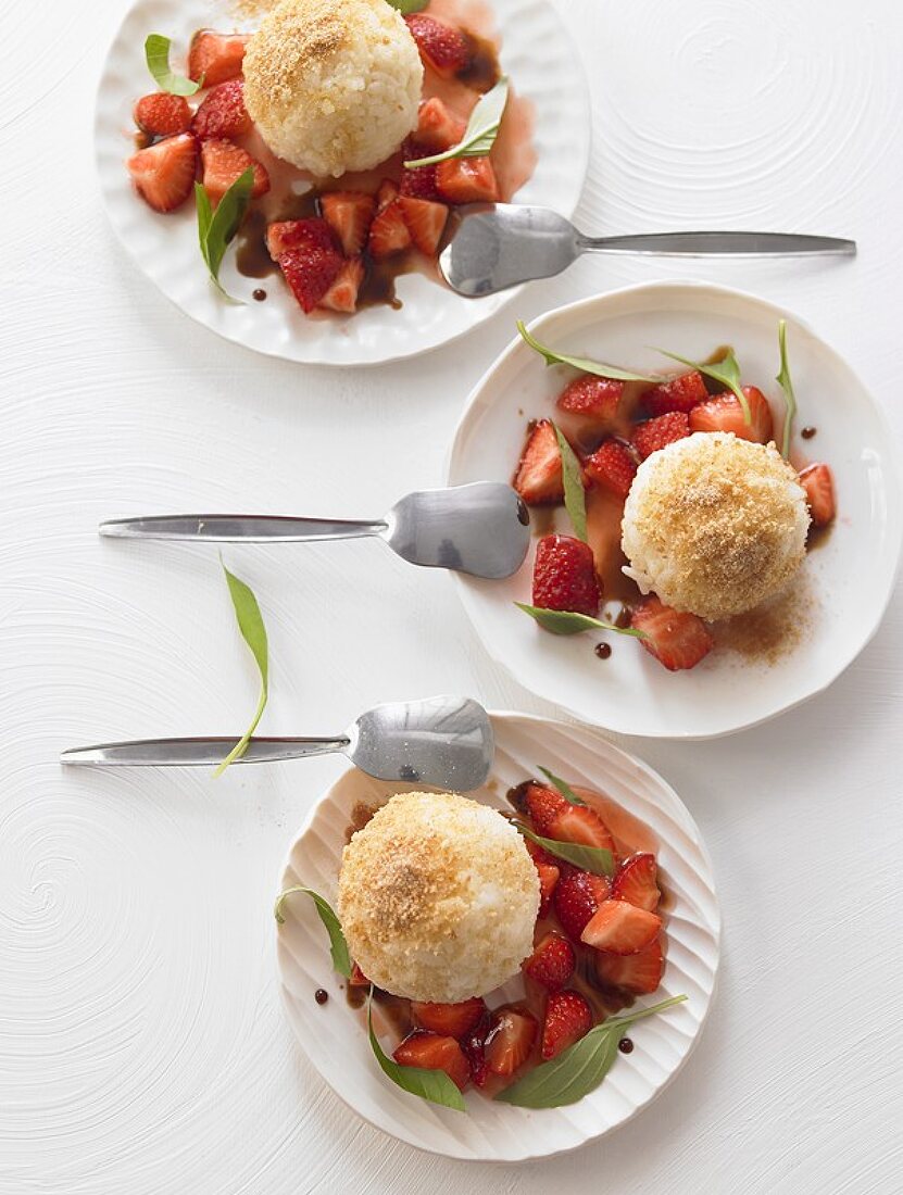 Rice pudding dumplings with strawberries & balsamic vinegar