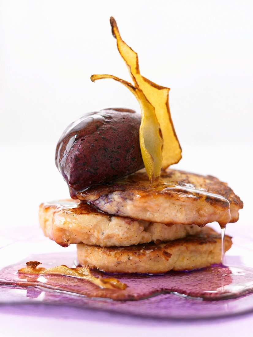 Blueberry ice cream with fried ricotta cakes & lemon syrup