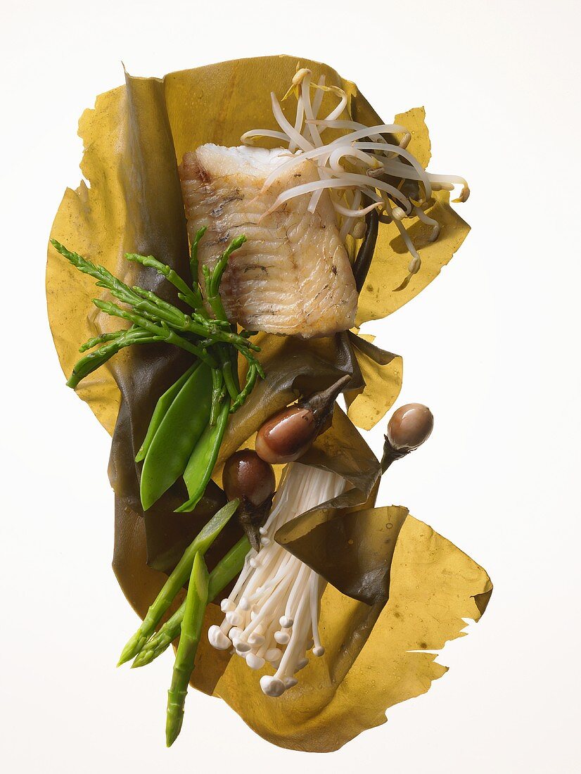 Asian diet: zander, vegetables, sprouts, seaweed & mushrooms