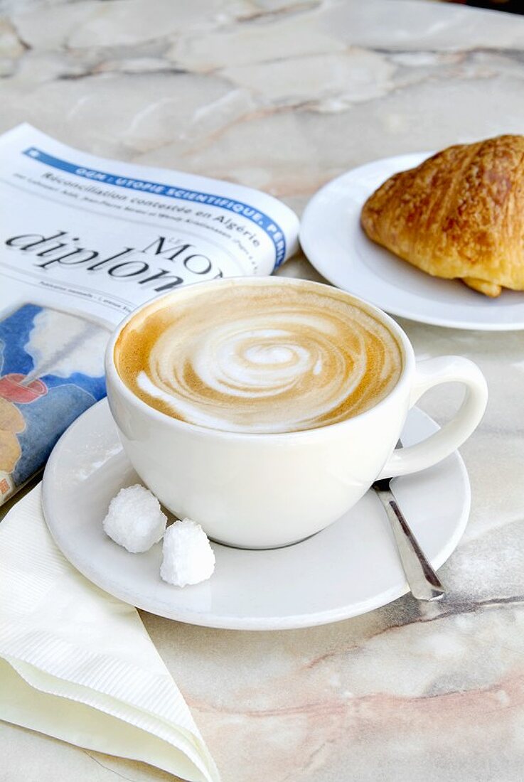 Cappuccino with croissant and newspaper