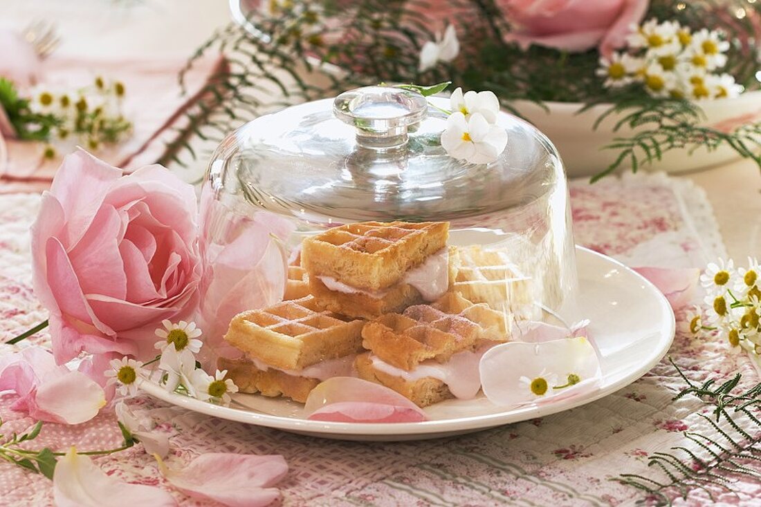 Waffles filled with rose cream