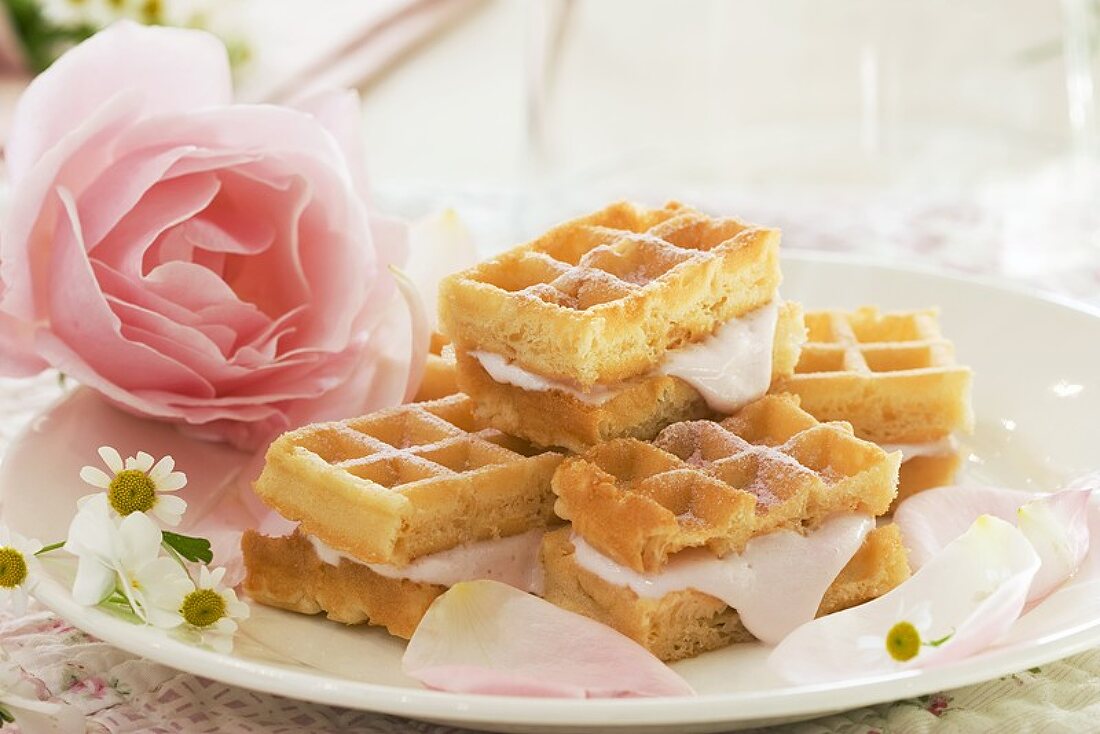 Waffles filled with rose cream