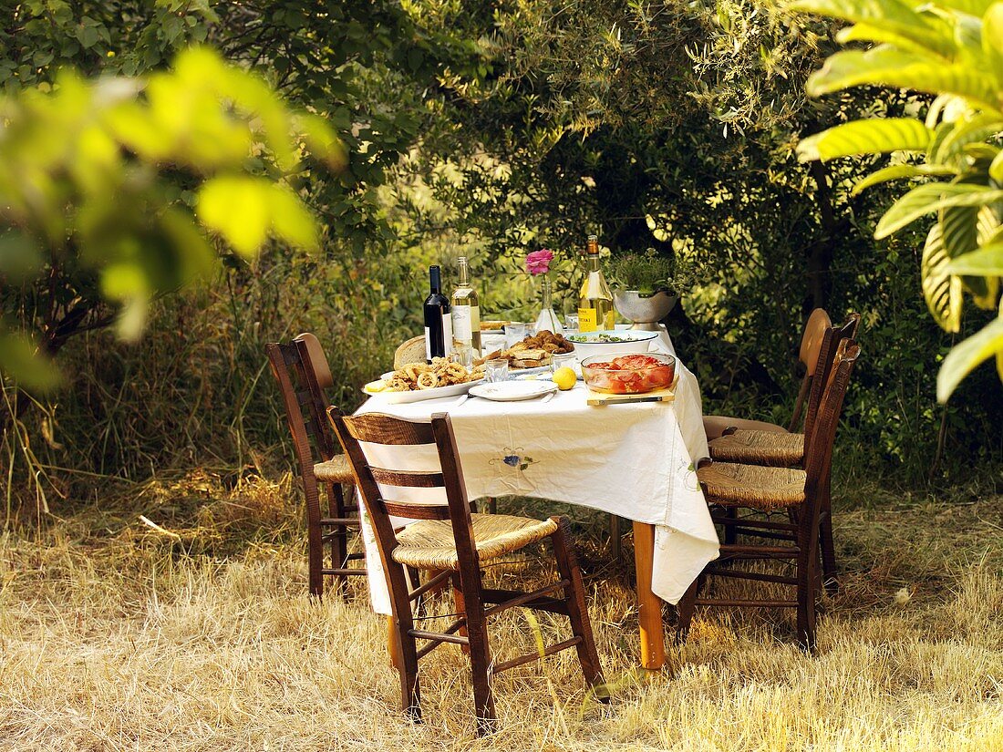 Gedeckter Tisch mit griechischen Vorspeisen im Freien