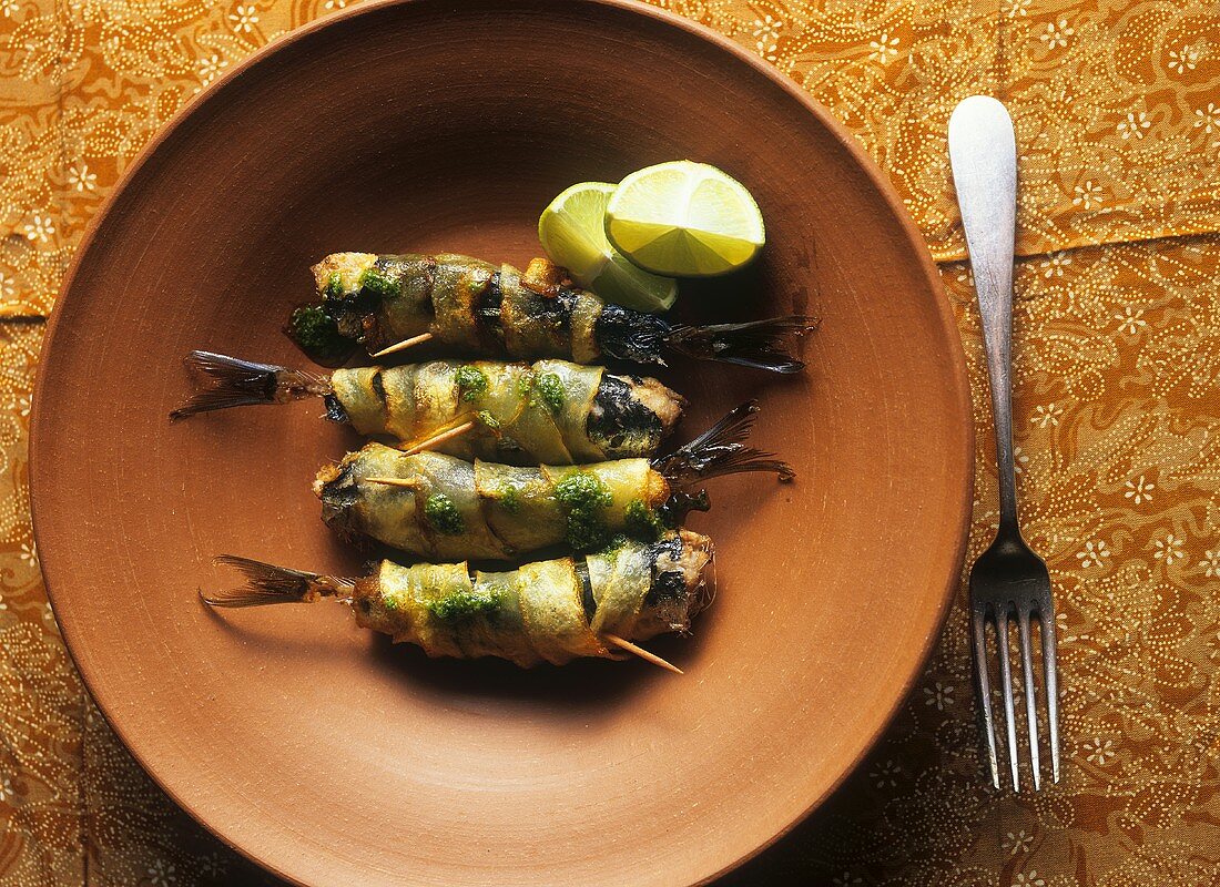 Deep-fried potato-wrapped sardines with coriander sauce
