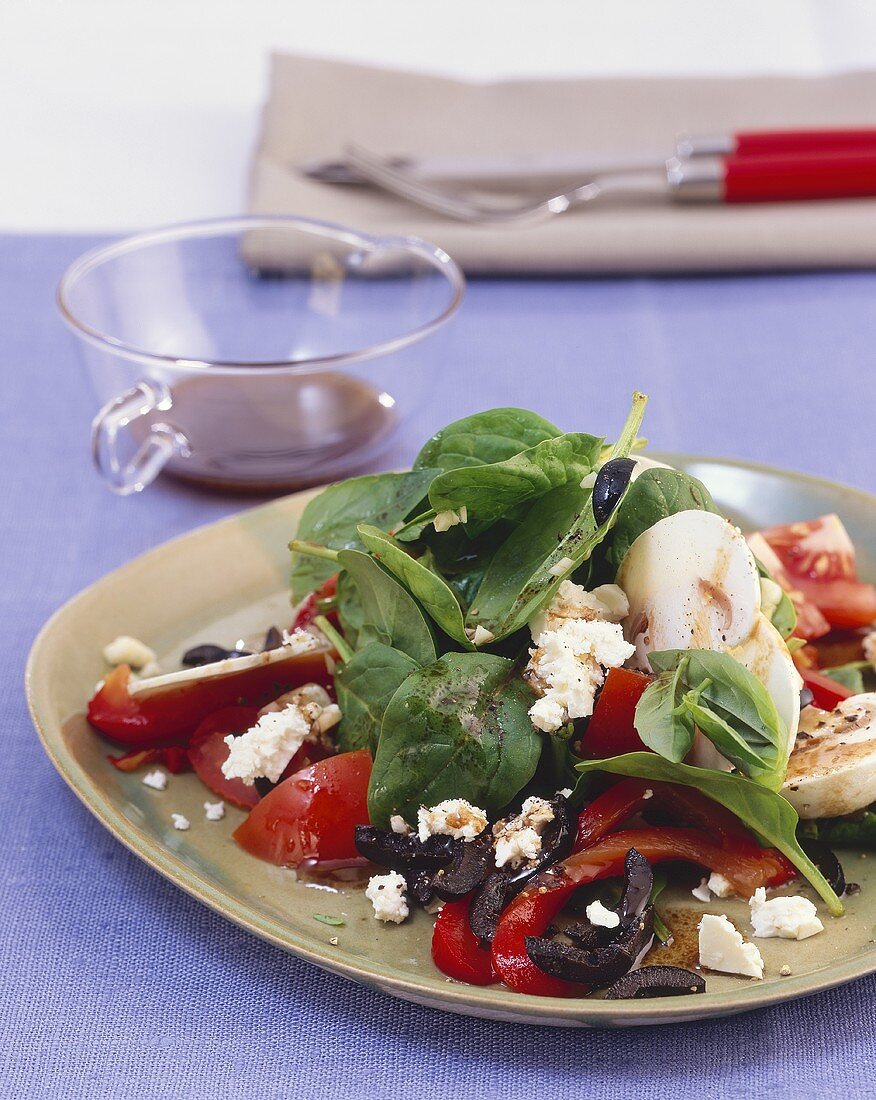 Spinat-Paprika-Salat mit Champignons und Feta