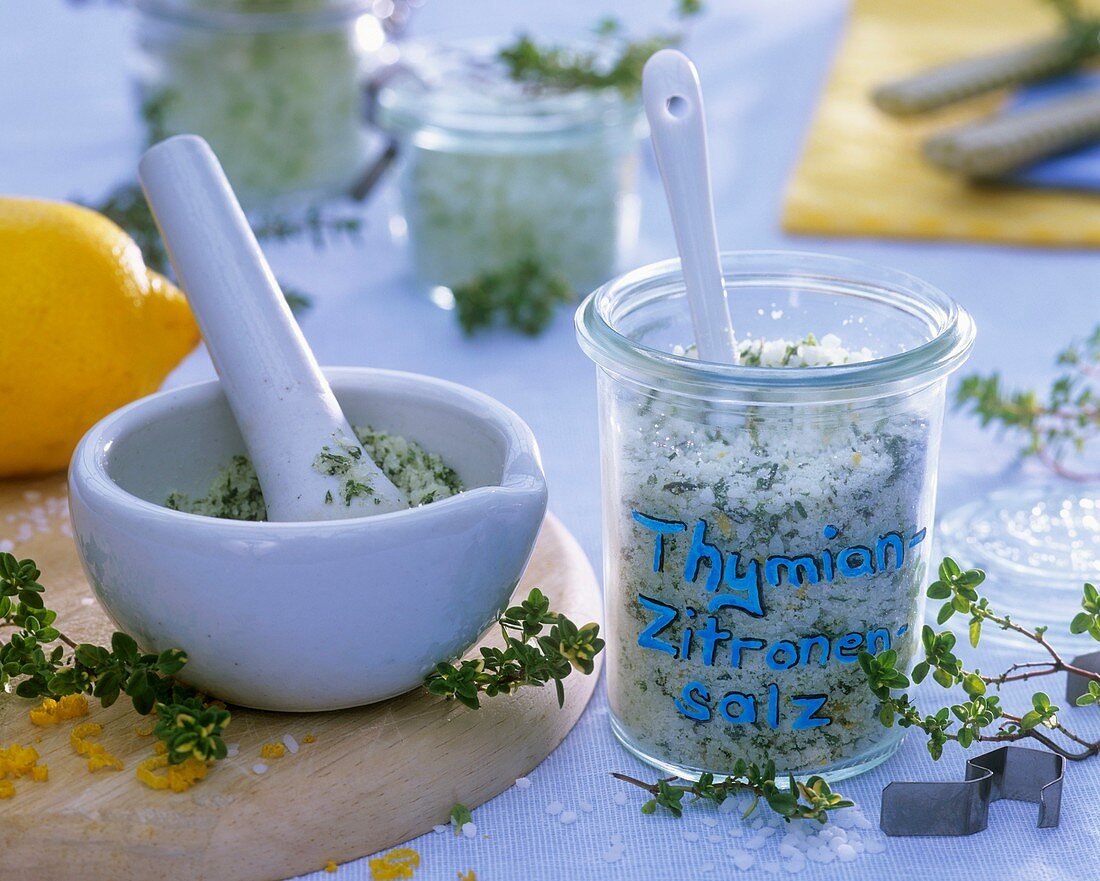 Thyme and lemon salt in jar and mortar