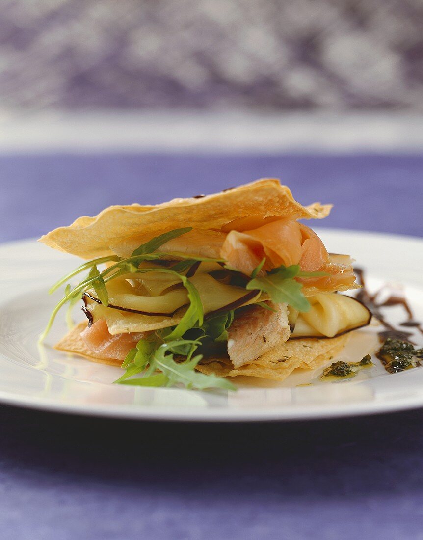 Millefeuille of smoked fish and rocket