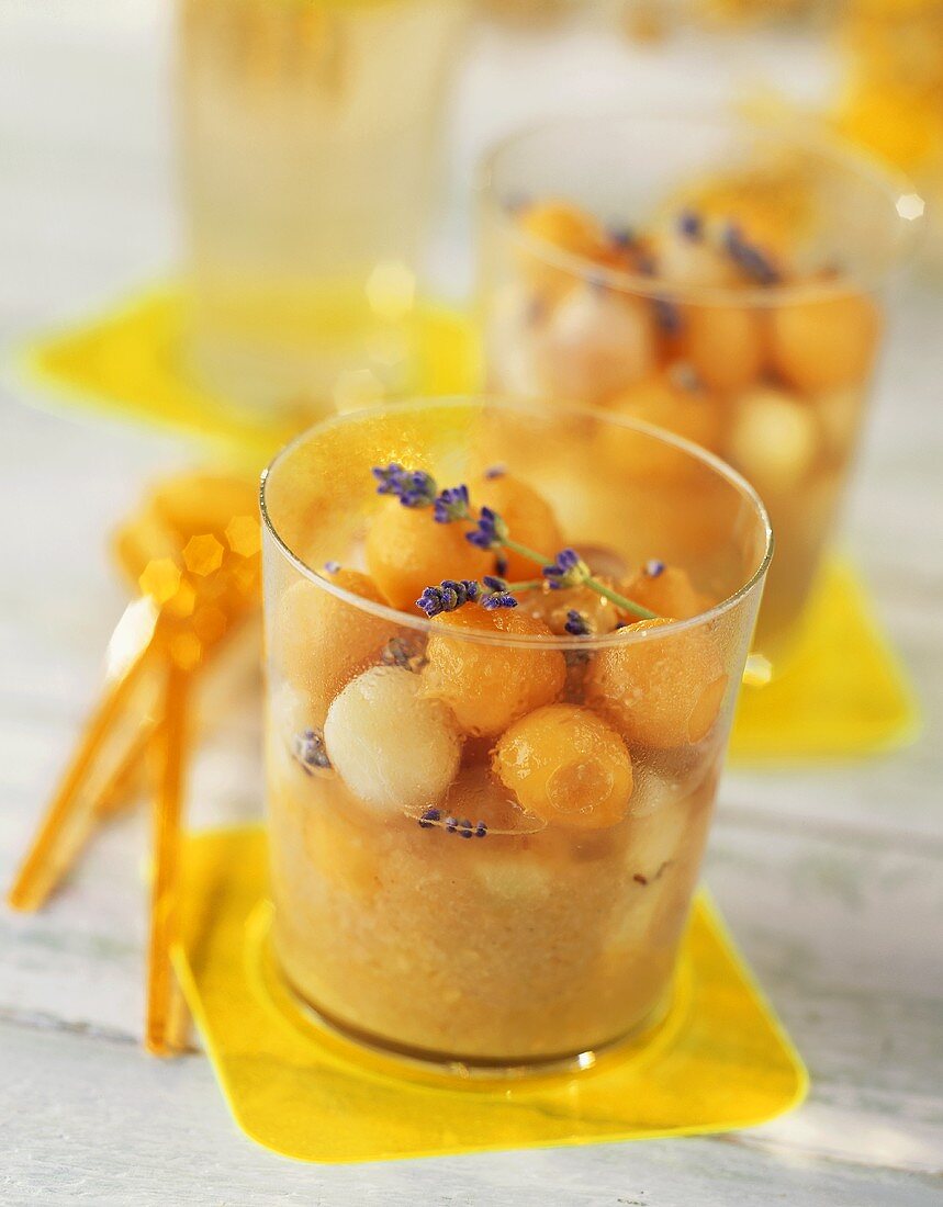 Melon dessert with lavender flowers