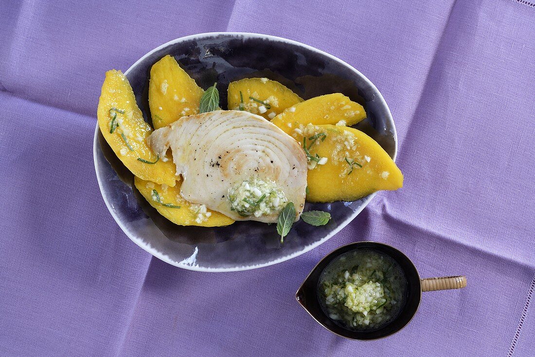 Mango carpaccio with swordfish