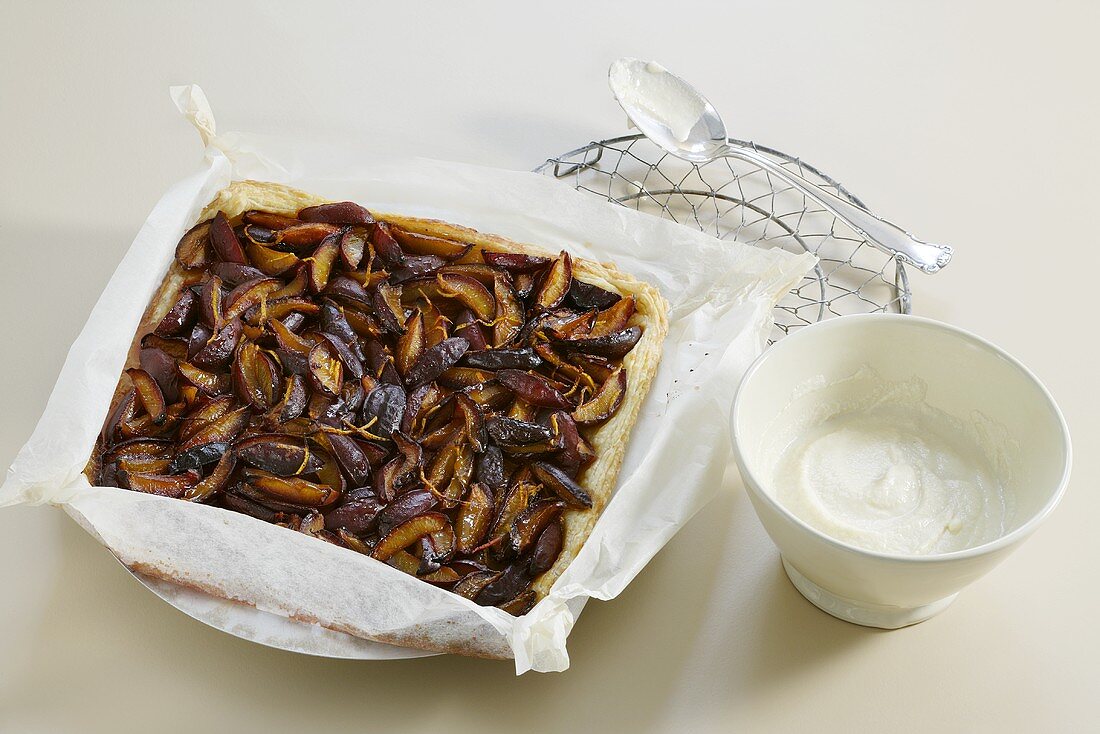 Damson tart with marzipan sauce