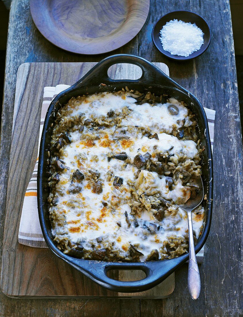 Mushroom risotto with melted cheese topping