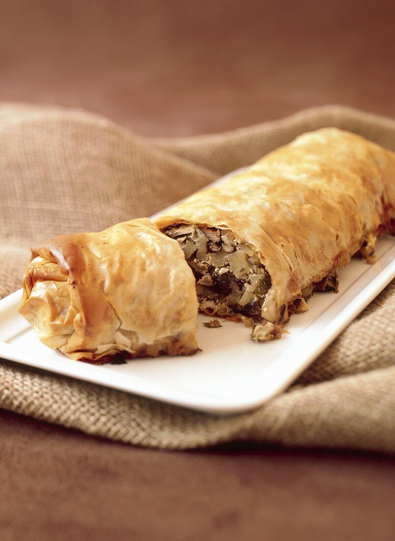 Mushroom strudel in filo pastry