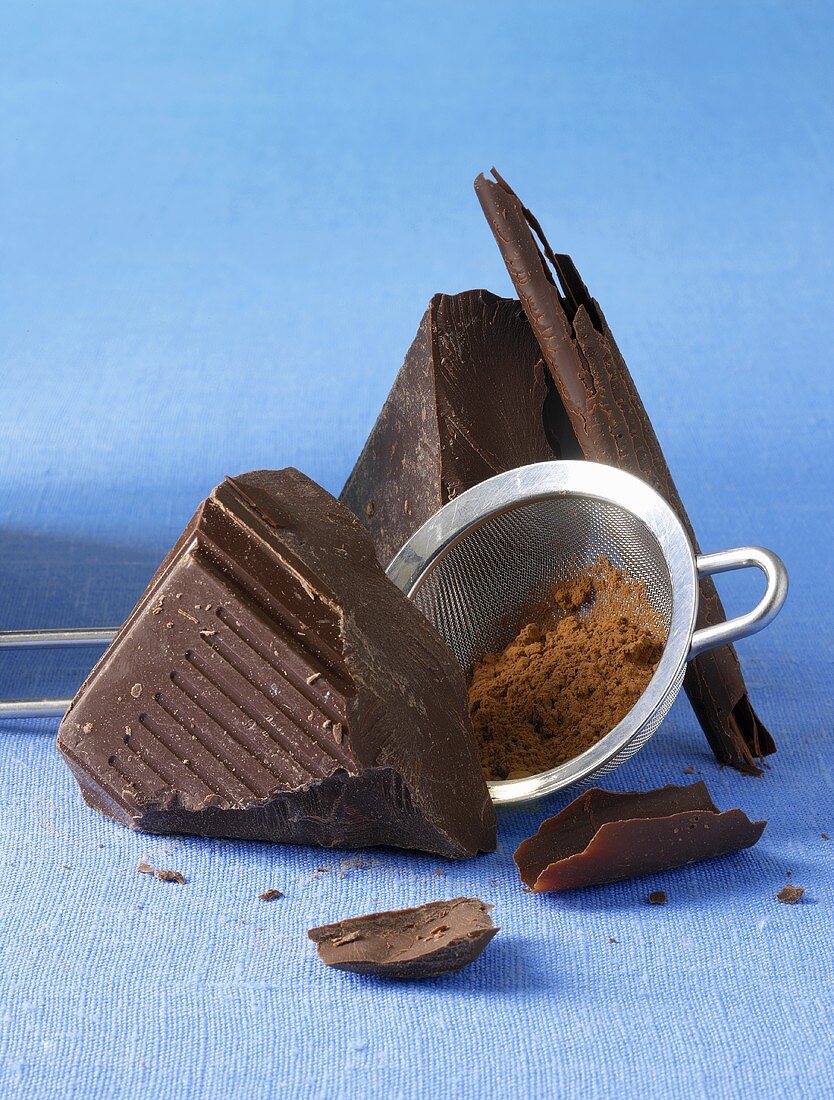 Schokoladenstücke und Sieb mit Kakaopulver