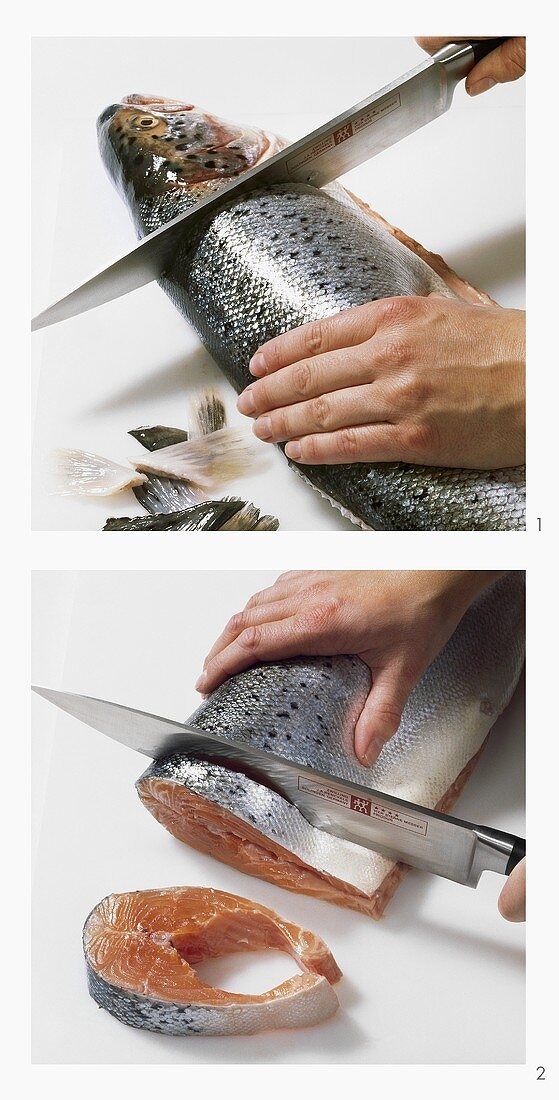 Cutting salmon steaks