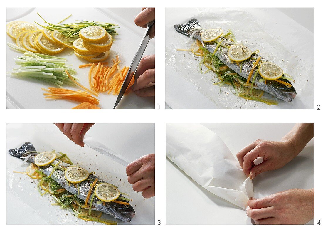 Cooking trout with vegetables in parchment