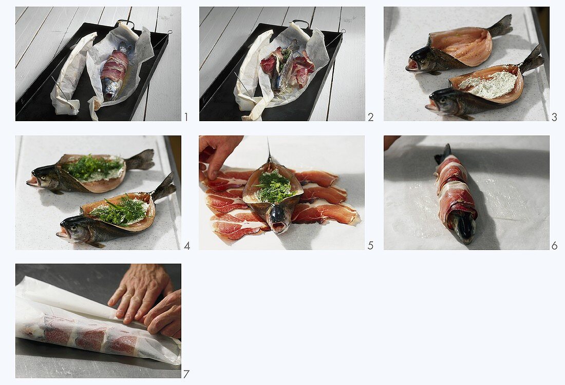 Preparing herb-stuffed trout with ham in parchment