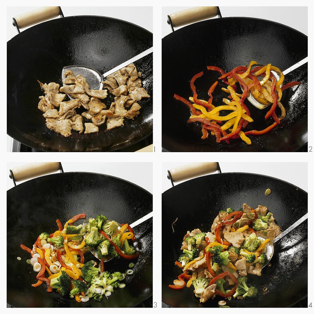 Cooking pork and vegetables in a wok