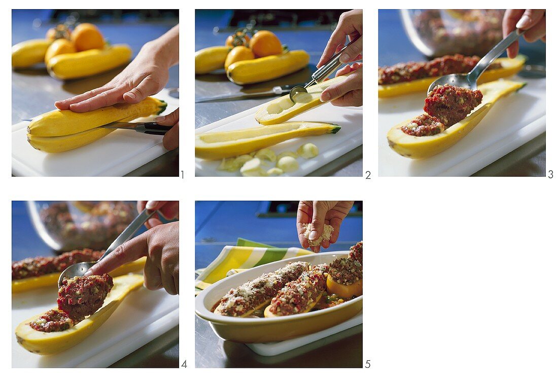 Stuffing yellow courgettes with mince