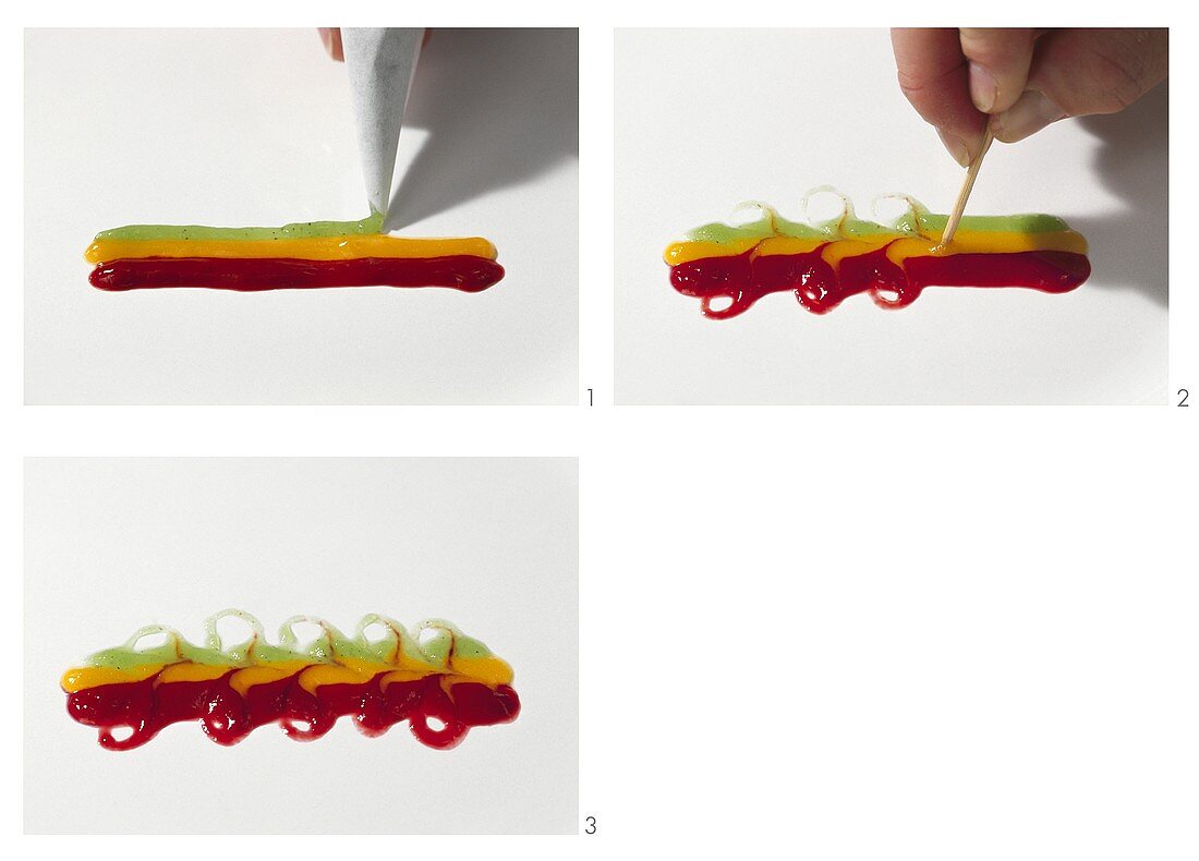 Making a decorative design with three fruit sauces