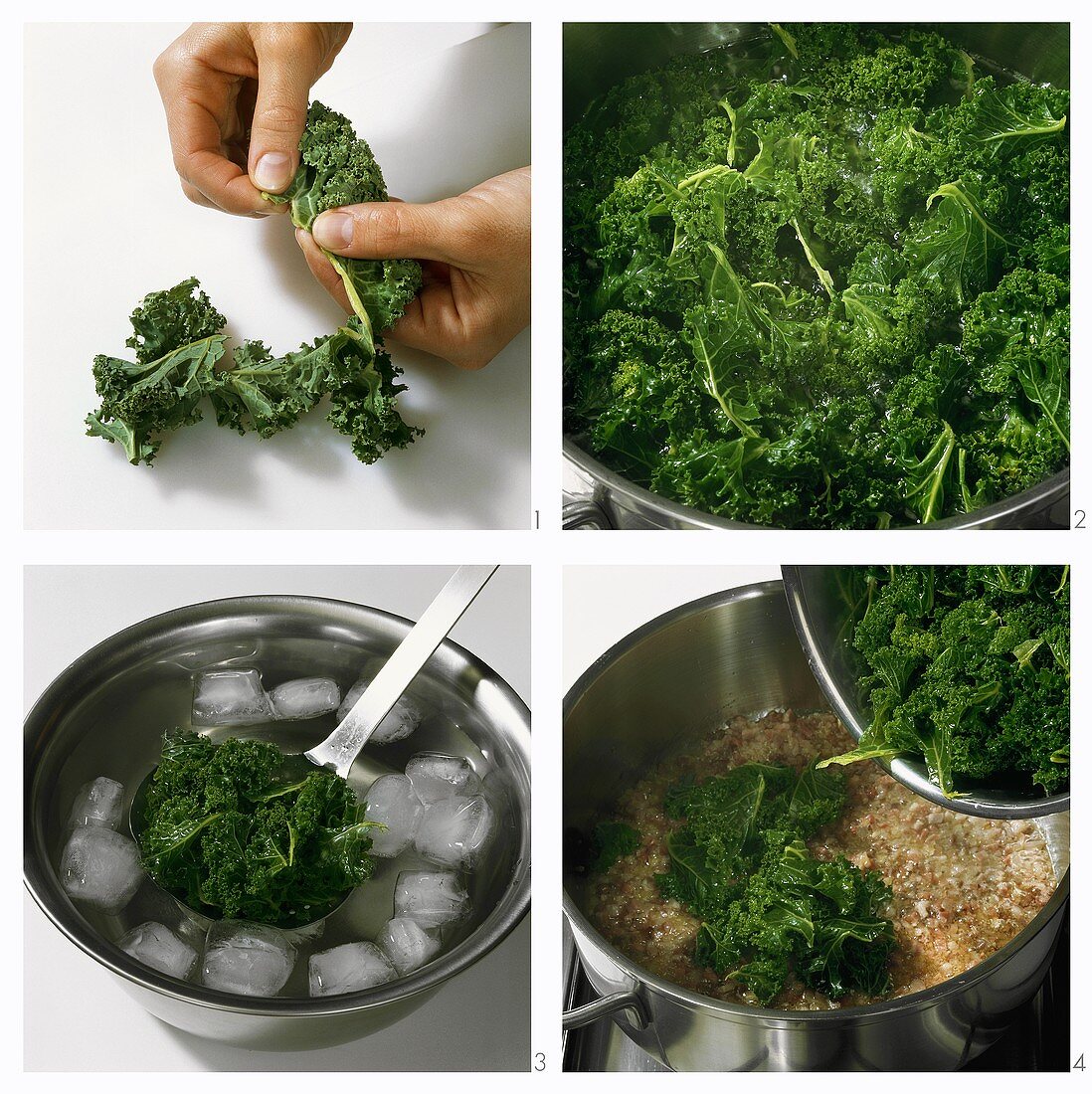 Blanching kale and putting it into a pan