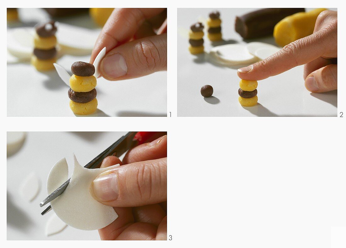 Making marzipan bees with rice paper wings