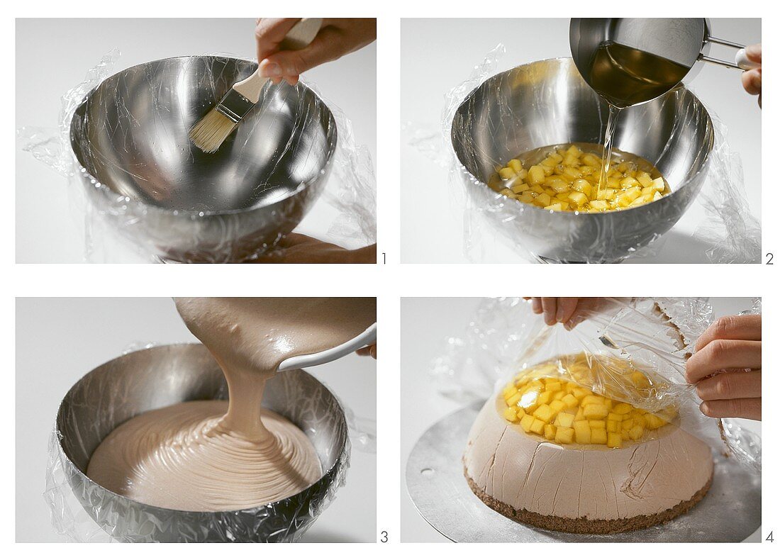 Making a chocolate and mango dome cake
