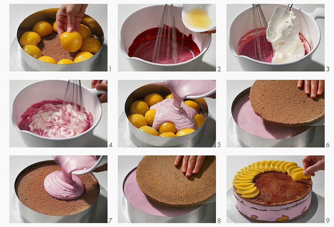 Making a peach torte with blackberry cream