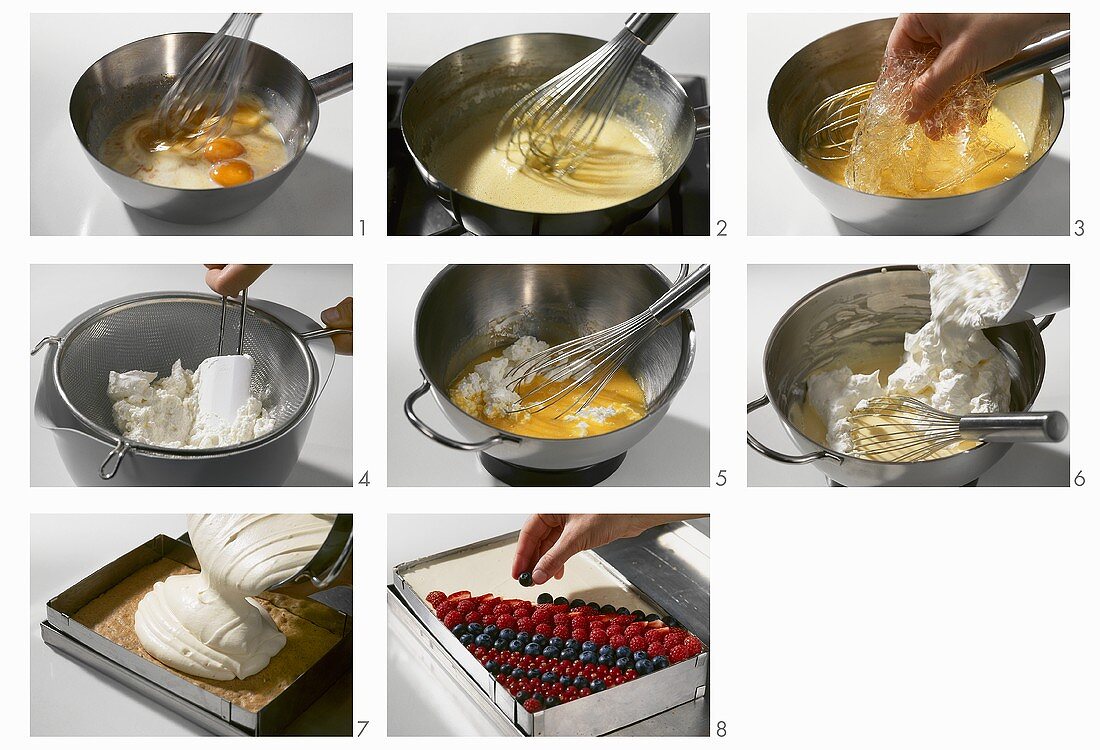 Making a sponge cake with berries and quark cream