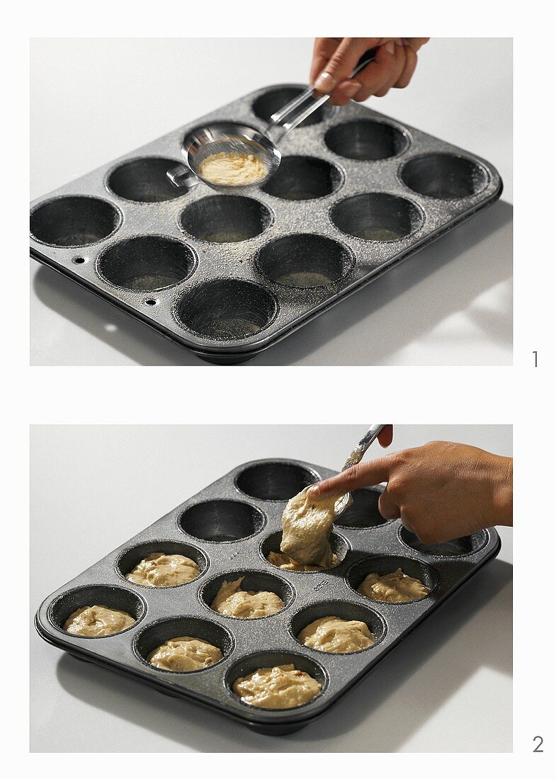Dusting a muffin tin with flour & filling with muffin mixture