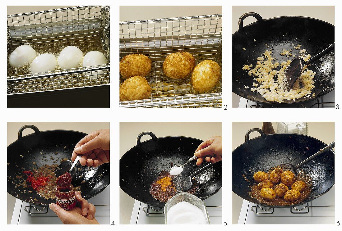 Making deep-fried boiled eggs in chilli sauce