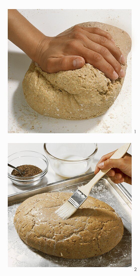 Kneading bread dough and brushing with milk