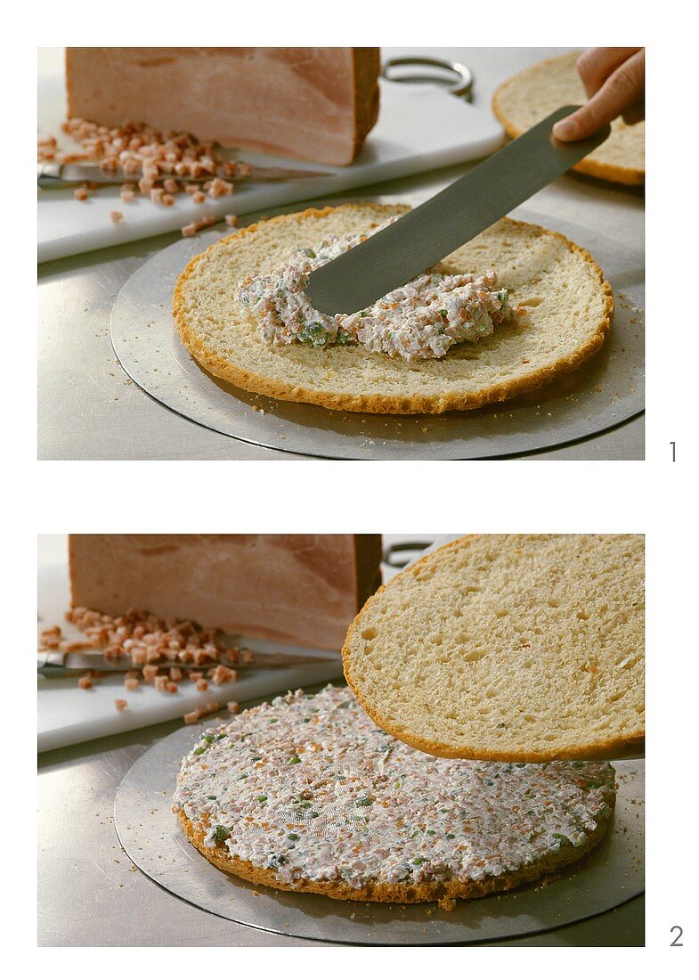 Making a cake with ham and sheep's cheese filling