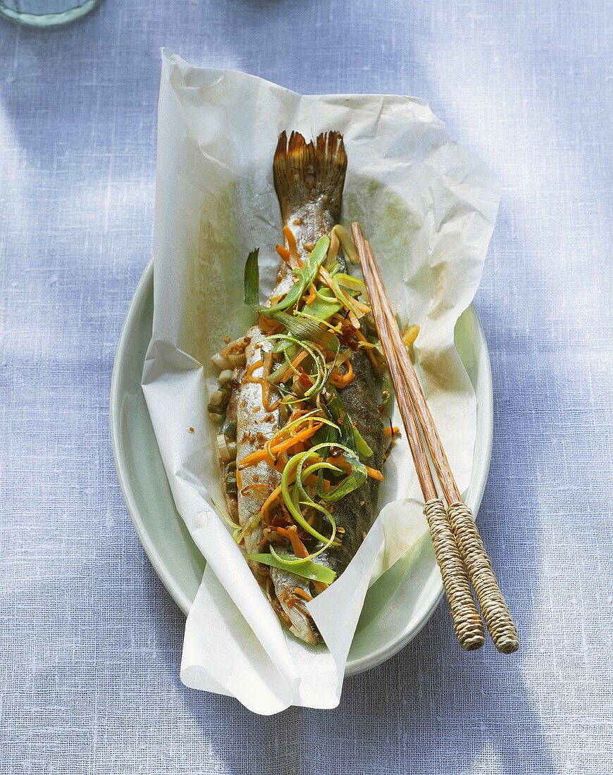 Asian-style trout in greaseproof paper