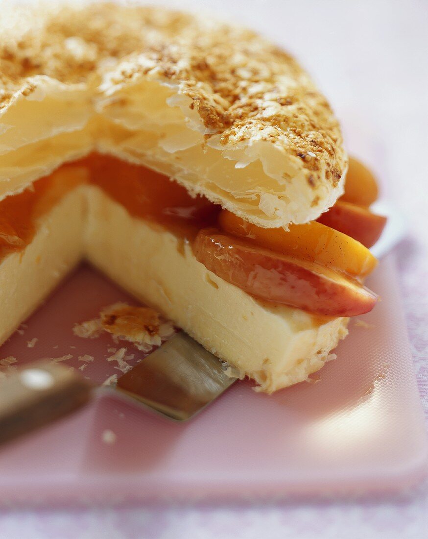 Puff pastry with stewed peaches & apricots & white chocolate cream