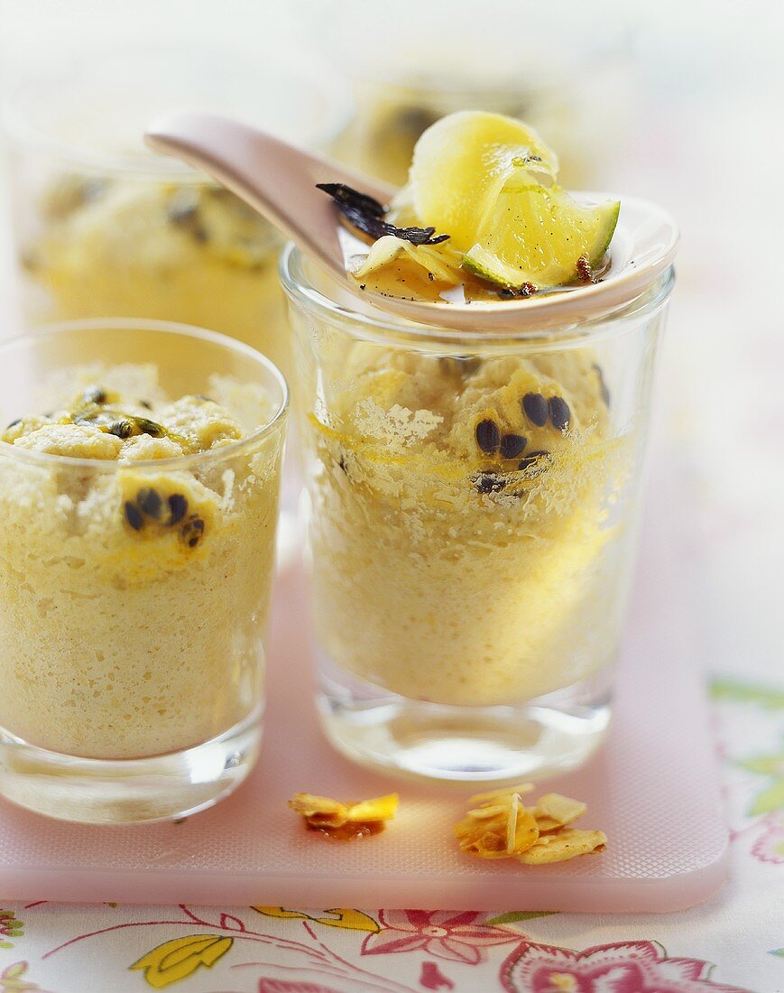 Passion fruit cakes with almonds & vanilla syrup in glasses