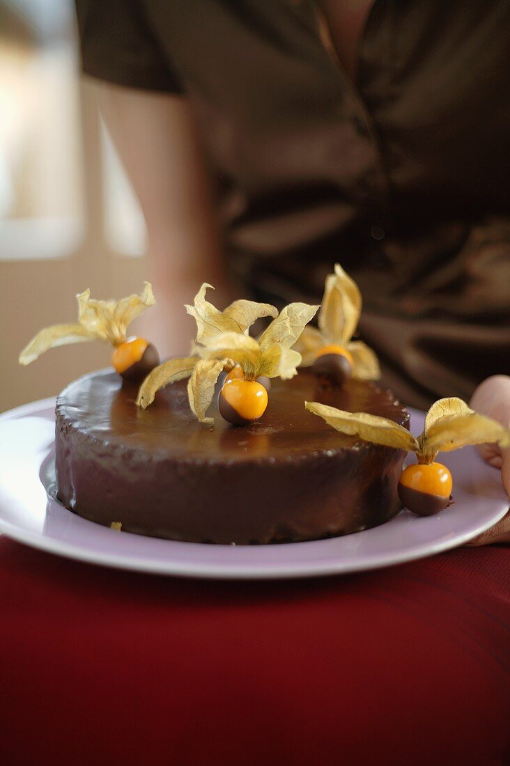 Chocolate cake with physalis