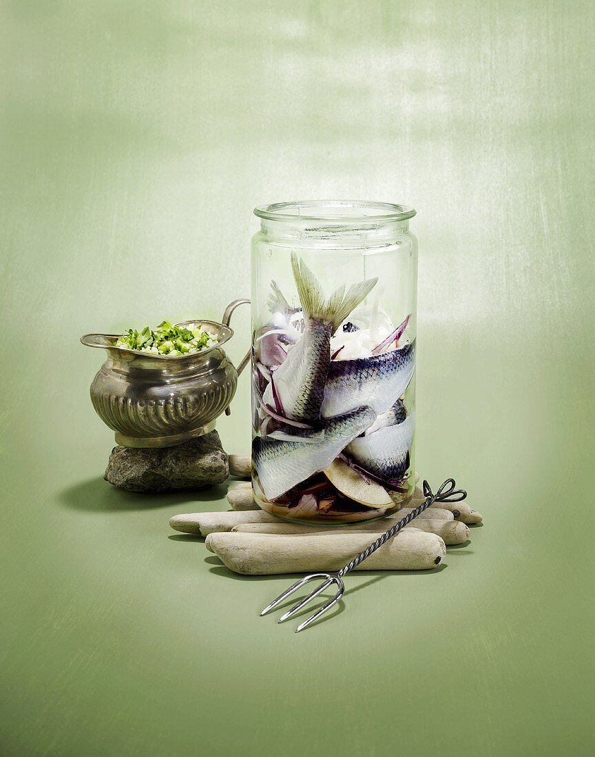 Pickled herrings in a jar