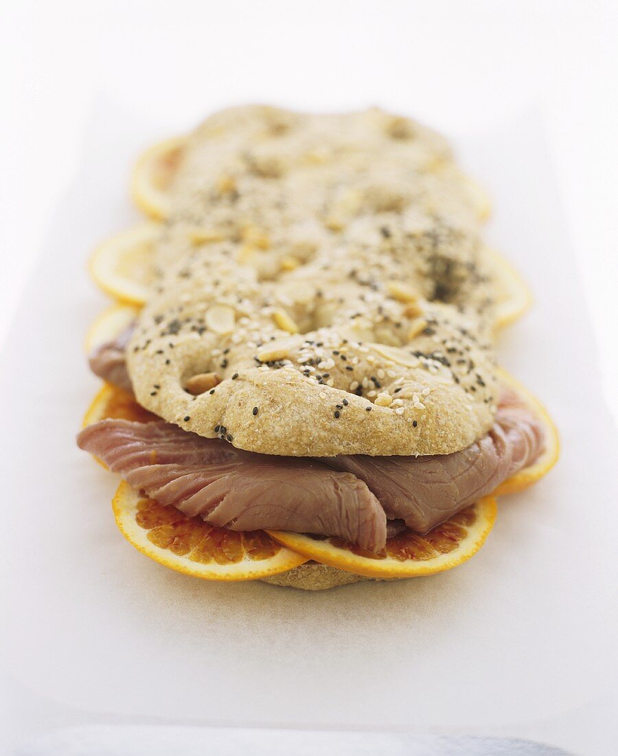 Focaccia with fennel seeds filled with tuna & orange slices
