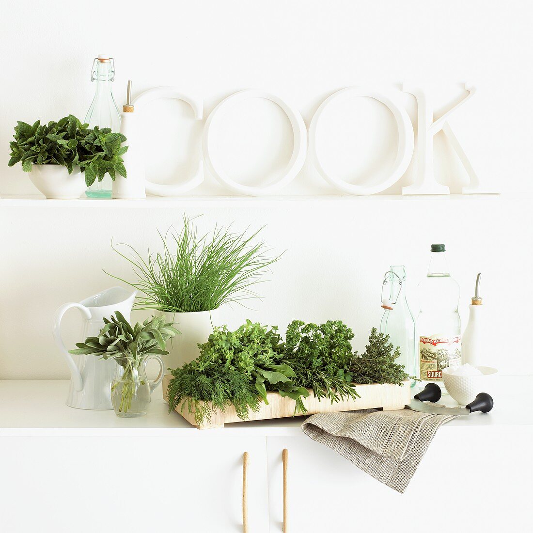Fresh herbs on white kitchen cupboards