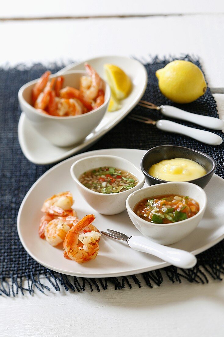 Grilled prawns with various dips