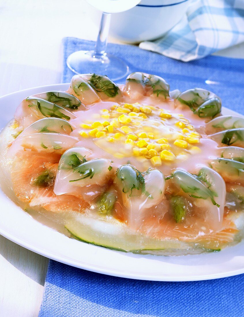 Asparagus, coley and sweetcorn in aspic