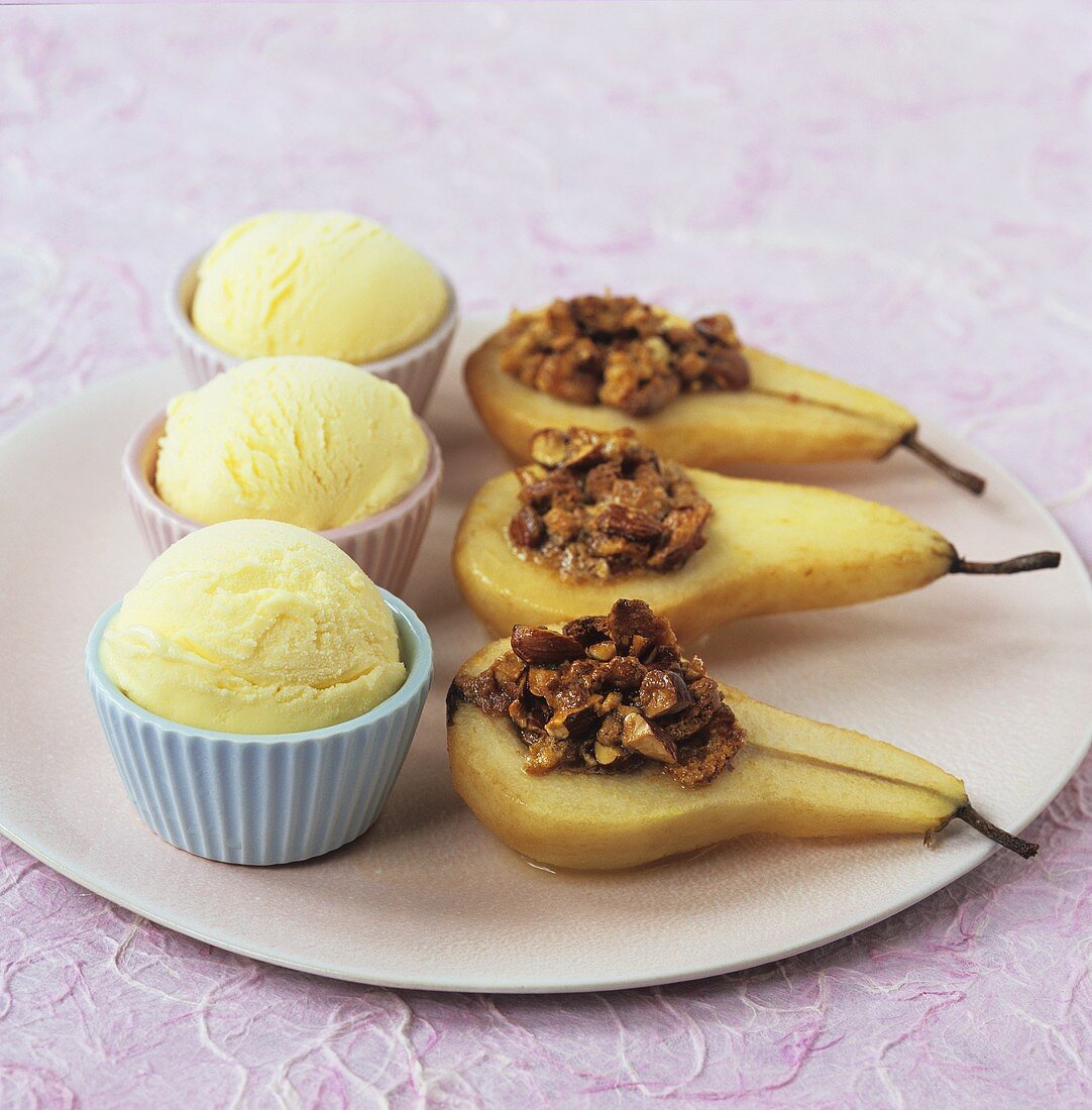 Baked pears with pecan stuffing and vanilla ice cream