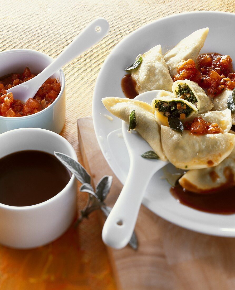 Kale ravioli with tomato sauce